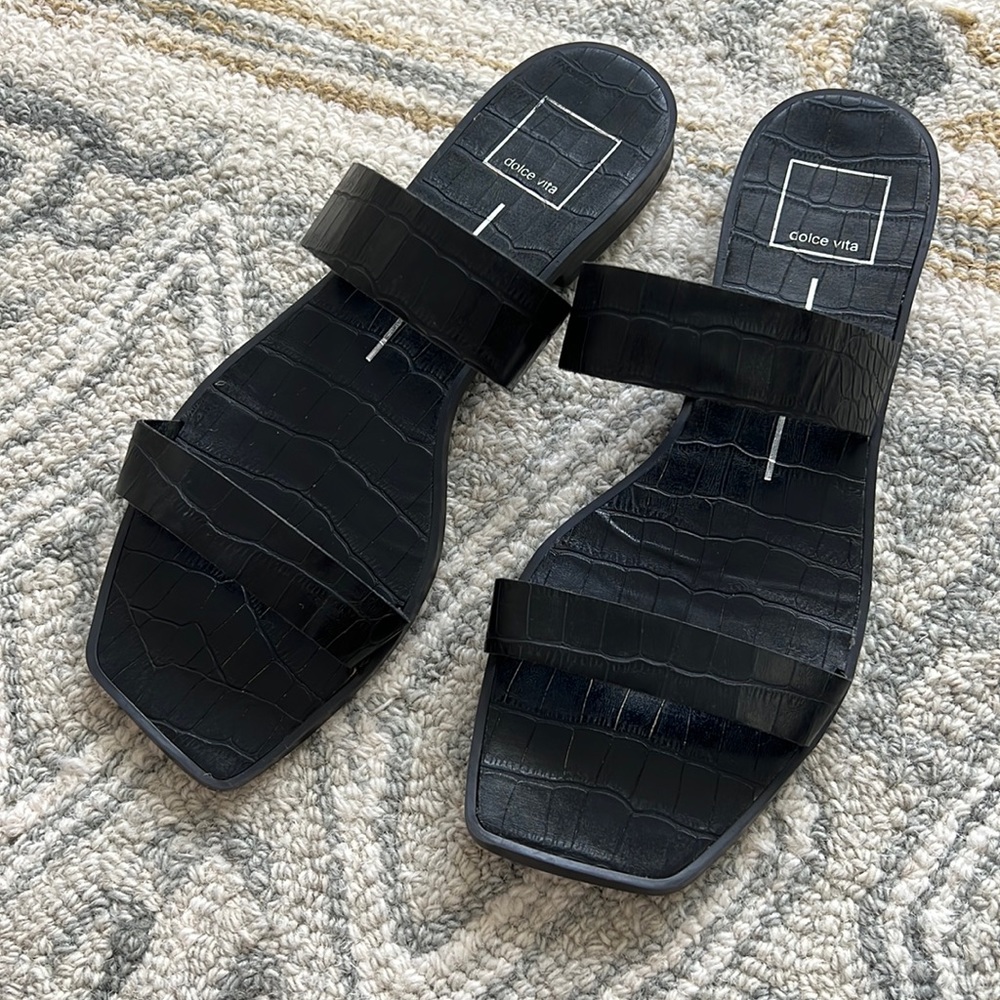Dolce Vita Black Reptile Pattern Square Toe Slides